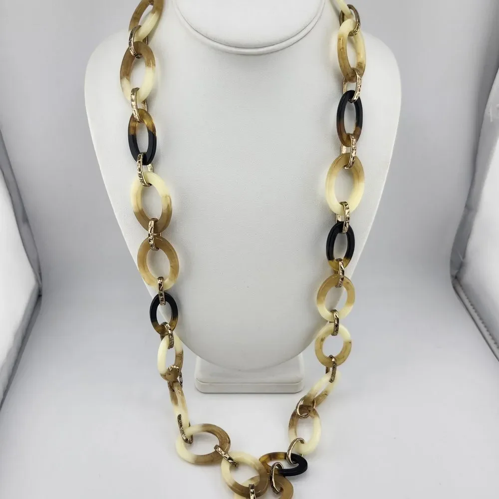 Chicos Acrylic Chunky Marbles Link Rustic Gold Tone Necklace